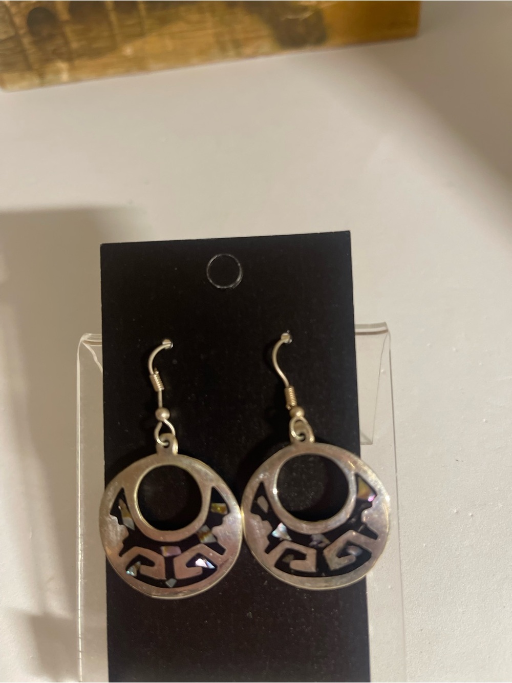 Alpaca Mexico Round Silver Inlay Drop Earrings - Abalone Accent